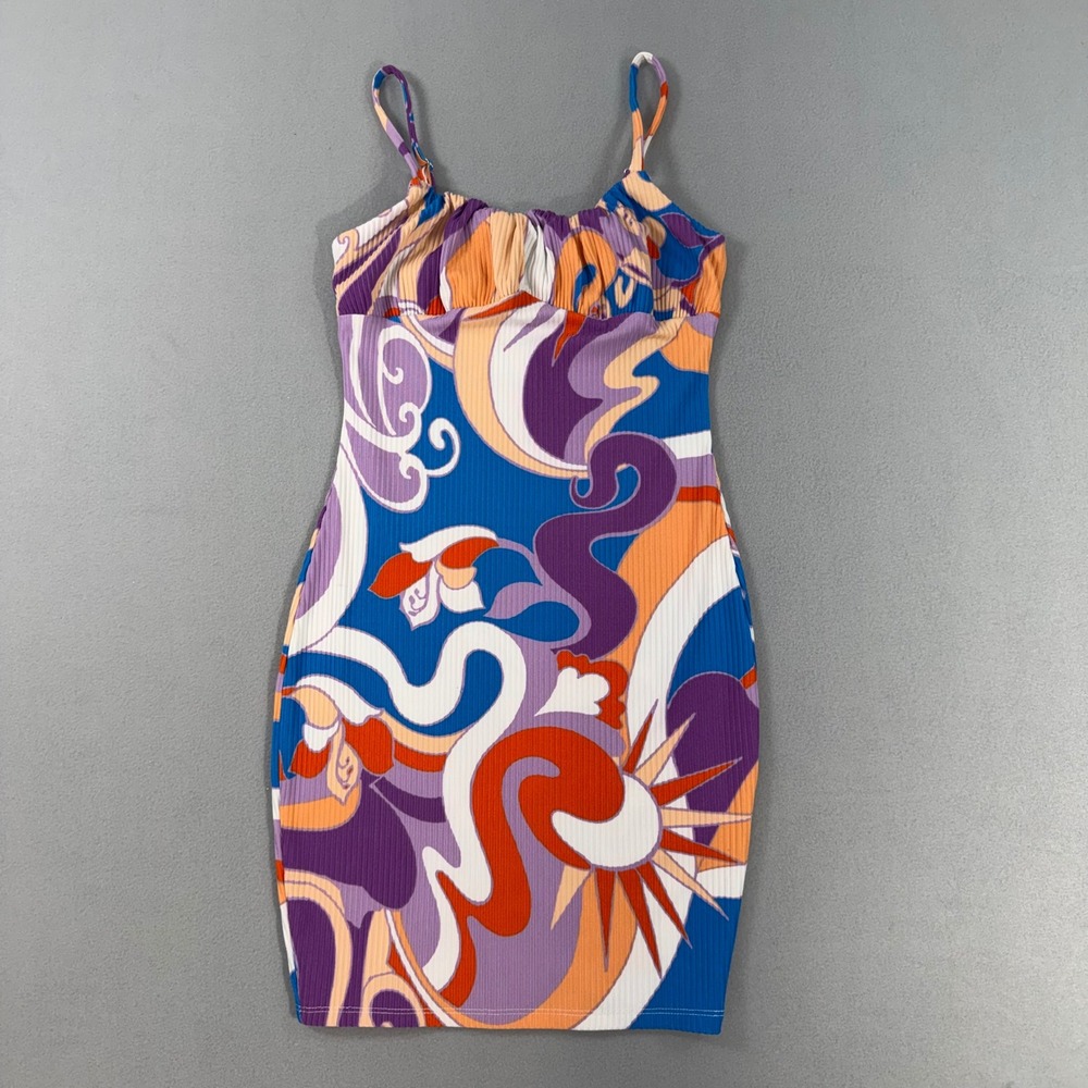 Retro Psychedelic Swirl Mini Dress Y2K Boho Ribbed Bodycon Forever 21 Blue Small
